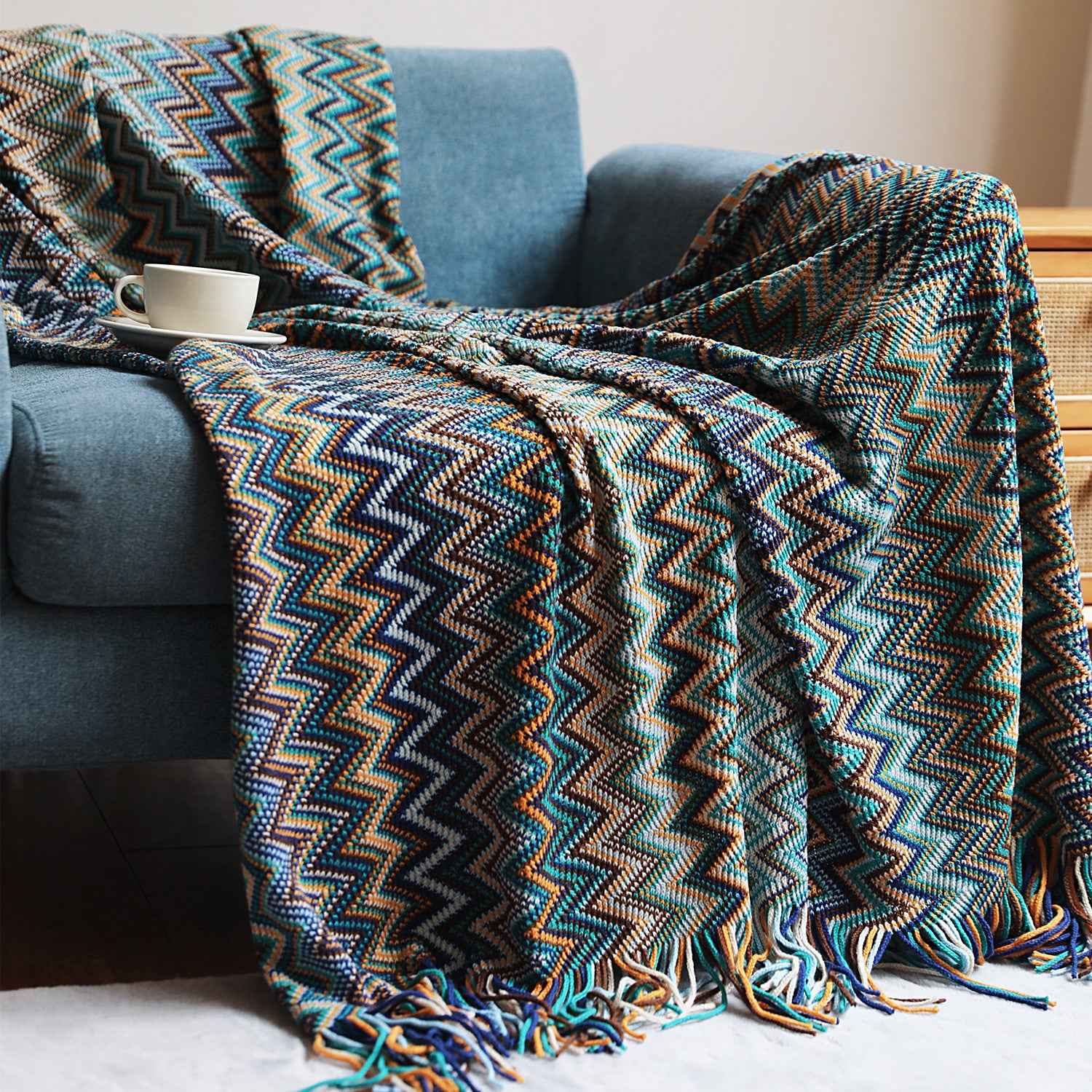 Bohemian Striped Knit Blanket Sofa Throw Geometric Design